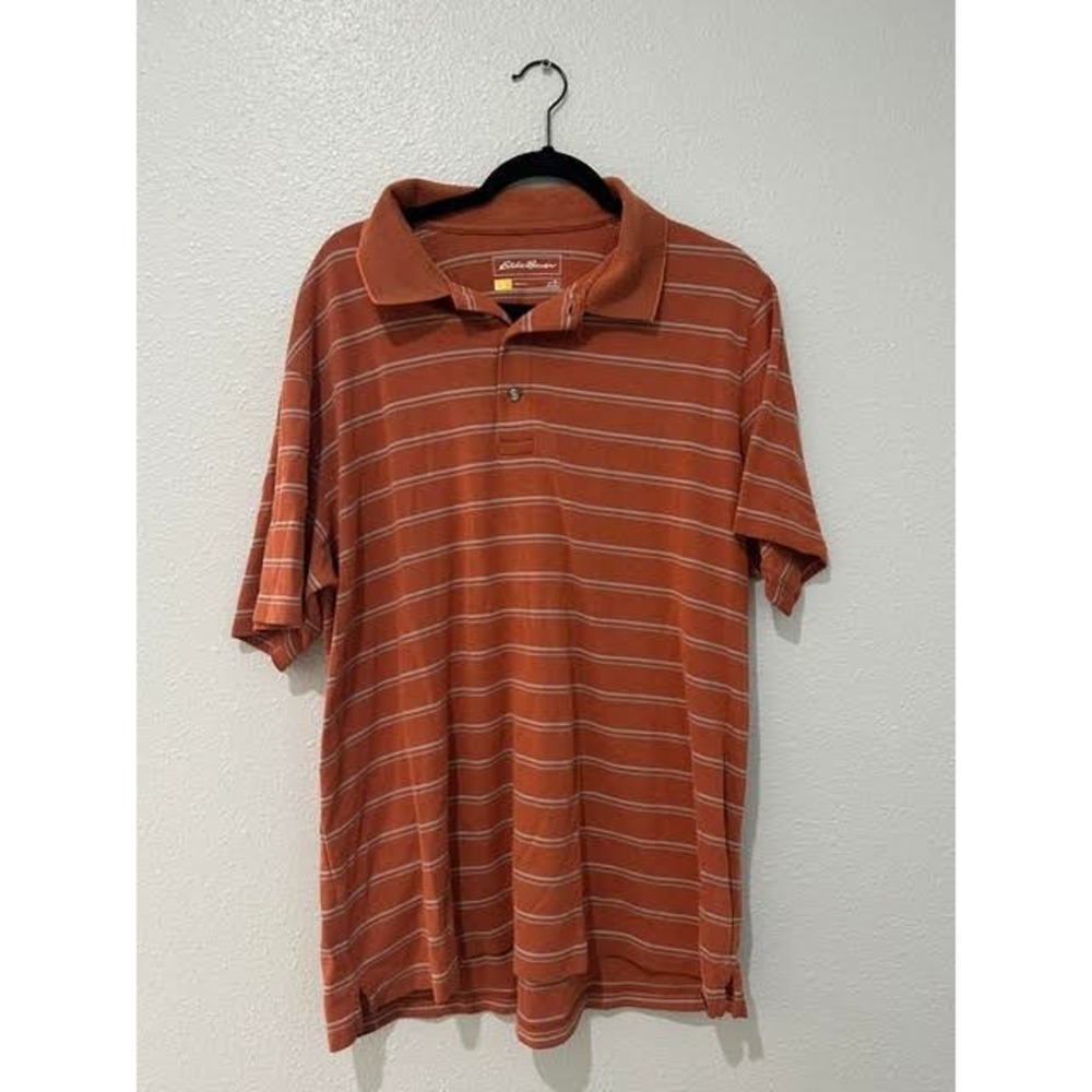 Eddie Bauer Travex Mens XL Polo Shirt Burnt Orange Striped Pique Short Sleeve